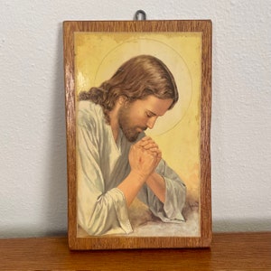 Vintage Praying Jesus Wood Plaque
