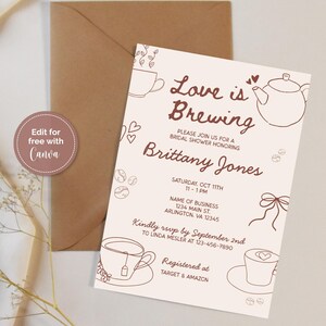 Editable Love is Brewing Bridal Shower Invite, Coffee Themed Invitation, Wedding Shower Invite, Instant Download Canva Template