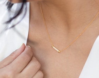 Gold Sideways Bar Necklace, Sterling Silver, Minimal Necklace, Wedding Gift, Bridesmaid Gift, Dainty Necklace