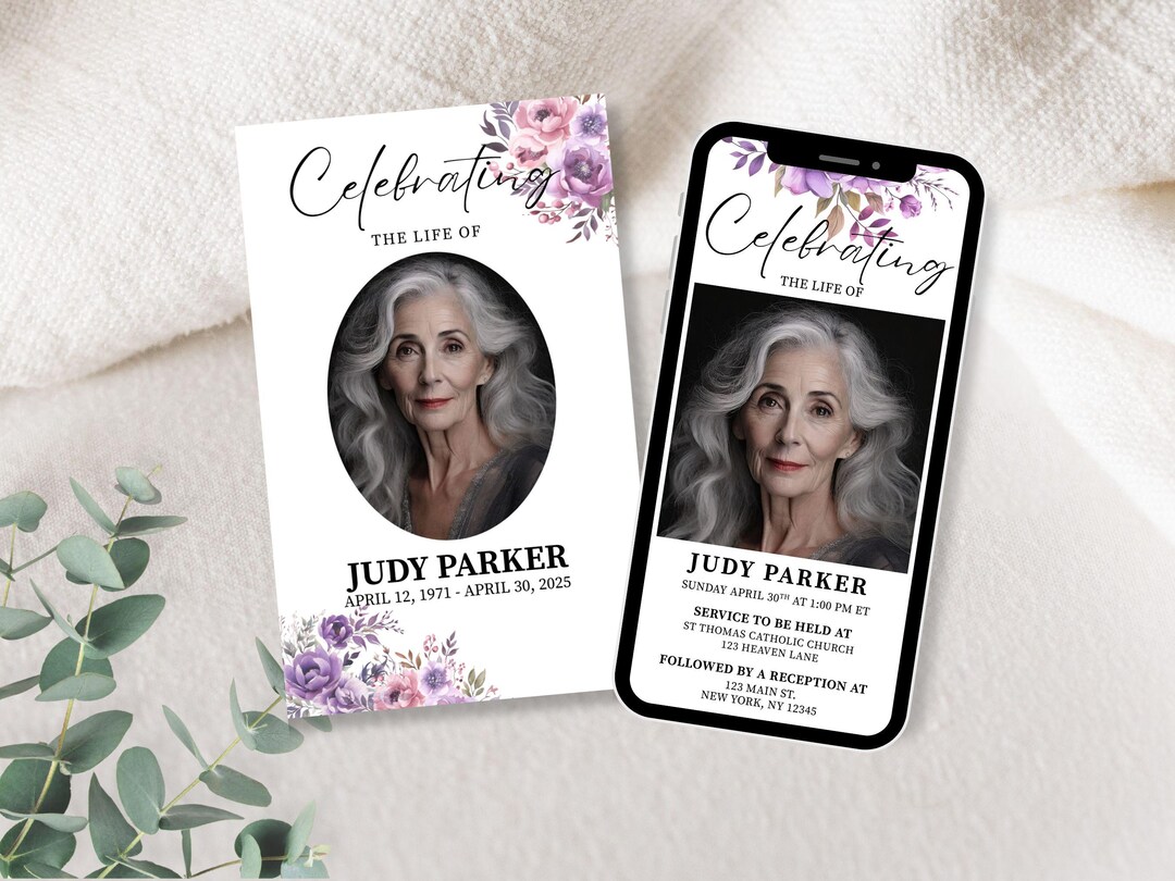 Editable Purple Floral Funeral Program and Digital Invitation Template ...