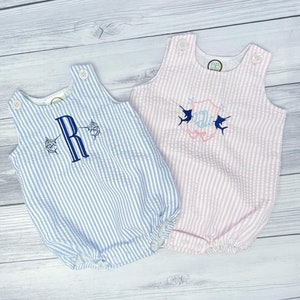 Girls Monogram bubble romper, blue marlin summer bubble romper, embroidered toddler romper, sport fishing kids clothes, baby bubble romper