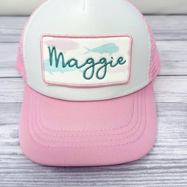 Personalized toddler truckers hat, girls fishing hat, girls toddler hat, custom kids trucker hat, girls trucker hat, embroidered girls hat