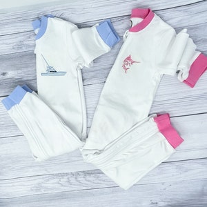 Girls Monogram bubble romper, blue marlin summer bubble romper, embroidered toddler romper, sport fishing kids clothes, baby bubble romper