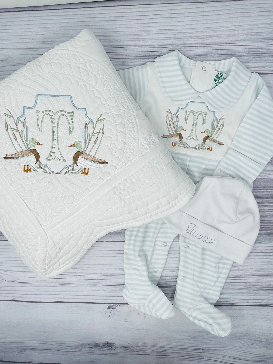 Boys mallard newborn set, boys duck nursery, custom boys baby shower gift, embroidered baby quilt, monogrammed baby quilt, boys coming home