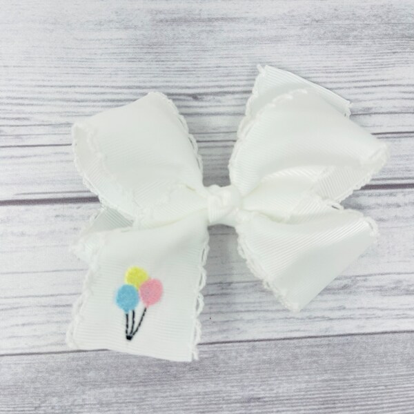 Monogrammed girls hair bow, girls birthday bow, embroidered girls bow,wee ones bow, personalized girls hair bow, balloons  bow,moonstitch,