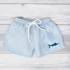 Boys swim shorts, monogrammed boys shorts, toddler swim trunks, toddler bathing suit, boys seer sucker shorts,blue marlin shirt, boys marlin