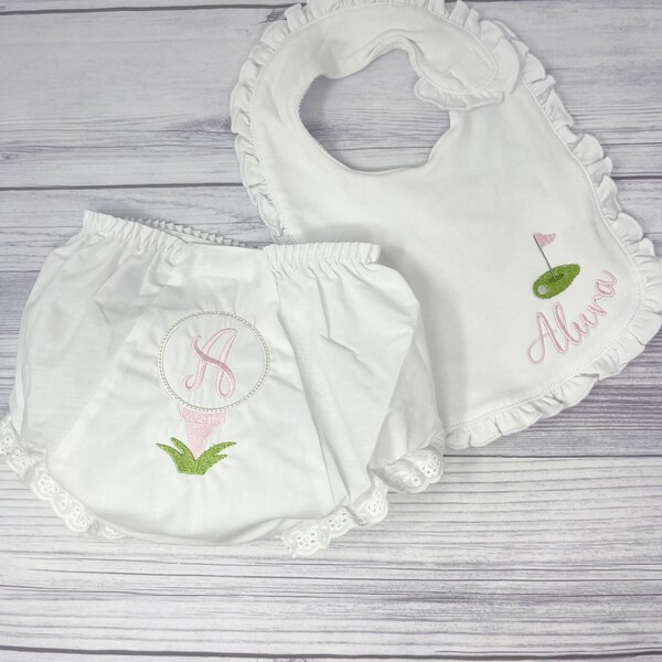 Personalized golfing baby bib and bloomer set, golfing  bloomers, golfing baby gift, custom baby bloomers, monogrammed baby bib, baby shower