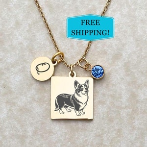 Corgi Dog Necklace for Women, Gifts for Corgi Mom, Personalized Pendant with Birthstone and Initial, Gold Plate, Dog Breed Jewelry