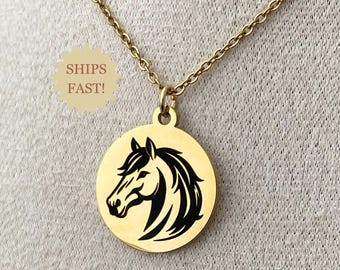 Horse Necklace, Equestrian Gift, Animal Necklace, Gift for Horse Lover, Gold or Silver Engraved Pendant, Handmade Jewelry