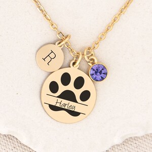 May include: Gold necklace with a paw print charm, a small round charm with the letter "R" and a purple crystal charm. The paw print charm has the name "Harley" engraved on it.