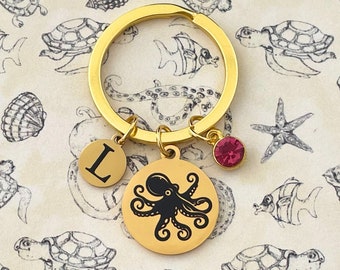 Octopus Keychain Octopus Key Ring, Gift with Initial and Birthstone, Gift for Beach Lover, Nautical Jewelry, Beachcore, Whimiscore