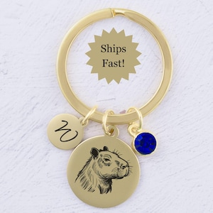 Capybara Keychain, Capybara Gifts, Animal Key Ring, Gift with Initial and Birthstone, Animal Jewelry, Custom Keychain, Be Capy