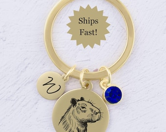Capybara Keychain, Capybara Gifts, Animal Key Ring, Gift with Initial and Birthstone, Animal Jewelry, Custom Keychain, Be Capy