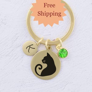 Cat Keychain, Kitty Keyring, Gift for Cat Lover, Keychain with Initial and Birthstone, Animal Jewelry, Custom Cat Keychain, Gift for Cat Mom