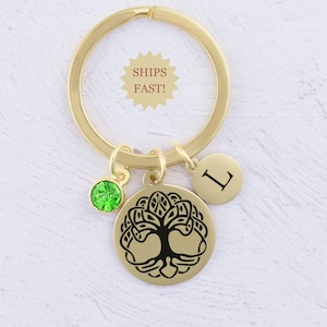 Tree of Life Keychain, Custom Initial and Birthstone, Gift for Her,  Celtic Jewelry, Tree of Life Key Ring, Celtic Gifts