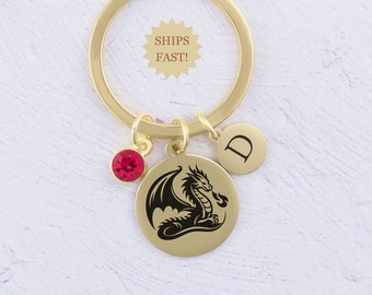 Dragon Keychain, Custom Initial and Birthstone, Gold or Silver, Gift for Men Women, Medieval Jewelry Key Ring