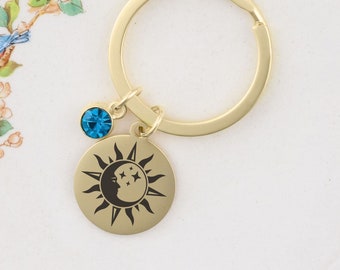 Llavero de Sol y Luna, llavero con piedra de nacimiento e inicial, regalos celestiales, joyería personalizada