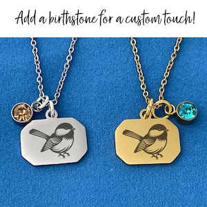 Chickadee Pendant Necklace: Engraved Bird Charm with Birthstone