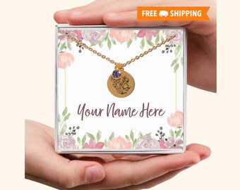 Engraved Birth Flower Necklace with Birthstone, Floral Jewelry, Birthday Gift