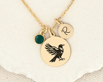 Raven Necklace for Women, Nature Jewelry, Crow Pendant, Gold Plate with Birthstone and Initial, Personalized Notecard, Gift for Crow Lover