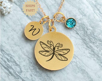 Dragonfly Necklace for Women, Nature Jewelry, Gold or Silver with Birthstone and Initial, Personalized Notecard, Gift for Insect Lover
