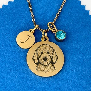 May include: Gold necklace with three charms: a round charm with the letter J, a round charm with a black and white doodle of a dog, and a small round charm with a blue crystal.