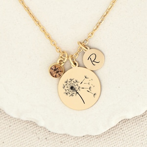 Dandelion Necklace for Women, Custom Initial and Birthstone, Best Friend Gift Women, Wish Nature Jewelry Cottage Core Pendant