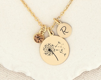 Dandelion Necklace for Women, Custom Initial and Birthstone, Best Friend Gift Women, Wish Nature Jewelry Cottage Core Pendant
