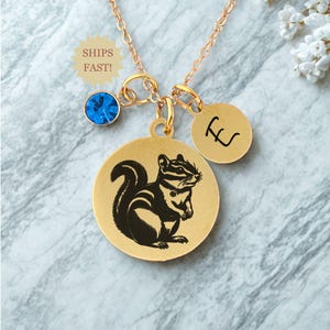 Chipmunk Necklace Personalized with Birthstone and Initial, Handmade Wildlife Necklace, Forestcore Gold or Silver Plate, Cute Jewelry Gift