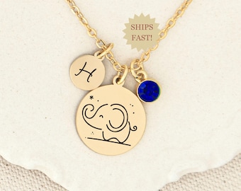 Elephant Necklace, Lucky Charm Jewelry, Gold or Silver Plate with Birthstone and Initial, Elephant Pendant, Luck Gift, Animal Jewelry