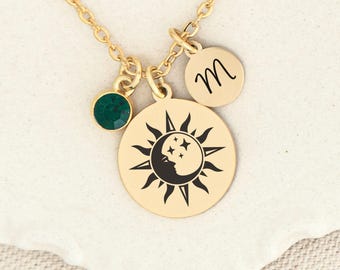 Sun and Moon Necklace, Gift for Women, Gold or Silver with Optional Birthstone, Boho Celestial Jewelry