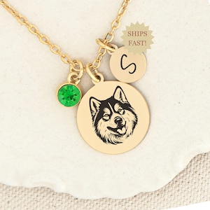 Husky Necklace, Siberian Husky Pendant, Dog Jewelry, Gold Silver Custom Initial and Birthstone, Husky Mom Gift, Personalized Notecard