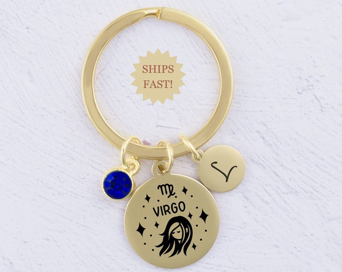 Zodiac Sign Keychain, Gold or Silver Plate, Zodiac Gifts, Virgo Gemini Pisces Libra Capricorn Sagittarius Gifts Personalized Notecard