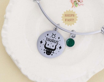 Zodiac Charm Bracelet, Zodiac Sign Jewelry, Zodiac Gifts, Custom Initial and Birthstone, Gift for Her,  Virgo Pisces Gemini Libra Gift