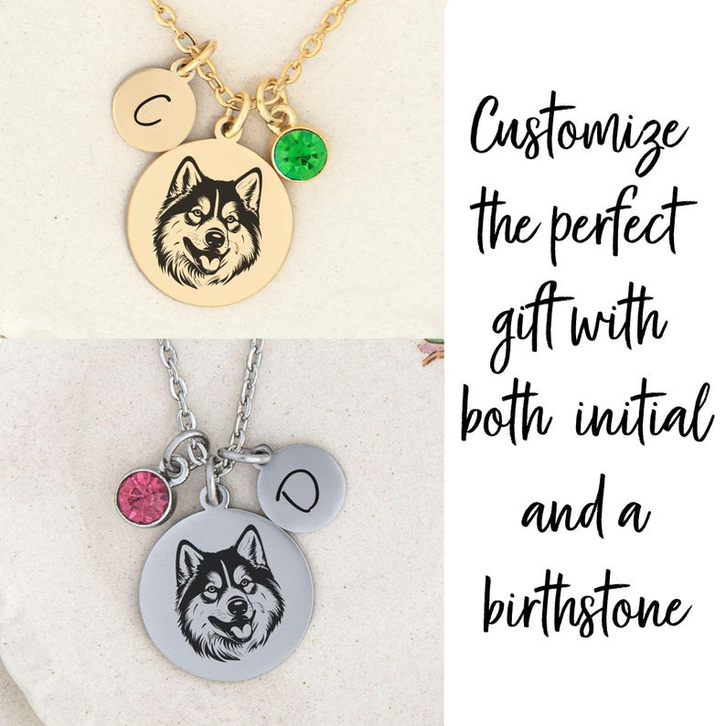 May include: Two silver necklaces with a round pendant featuring a black and white husky silhouette. One necklace has a pink birthstone and the initial "D" charm. The other necklace has a green birthstone and the initial "C" charm. Customize the perfect gift with both initial and a birthstone.