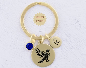 Engraved Crow Keychain: Personalized Initial & Birthstone, Raven Jewelry