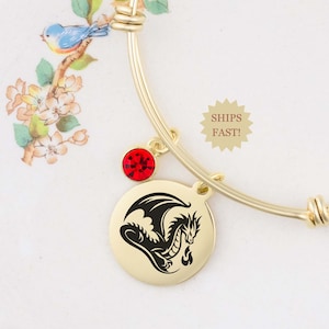 Dragon Charm Bracelet for Women, Custom Initial and Birthstone, Gift for Her, Fantasy Medieval Jewelry Bangle