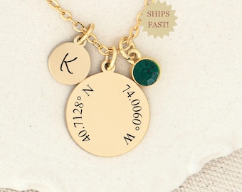 Custom Coordinate Necklace, Moving Away Gift, Graduation Gift Personalized with Birthstone and Initial, Handmade Long Distance Gift Handmade
