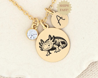 Axolotl Necklace Gift for Axolotl Salamander Lover, Gold or Silver with Optional Birthstone, Wildlife Jewelry, Whimsicore, Custom Jewelry