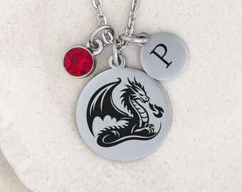 Dragon Necklace for Women, Medieval Jewelry, Gold or Silver with Birthstone and Initial, Personalized Notecard, Gift for Fantasy Lover