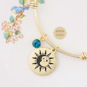 Sun and Moon Charm Bracelet, Celestial Jewelry, Bestie Gift,  Gold or Silver with Custom Birthstone and Initial, Friendship Bangle