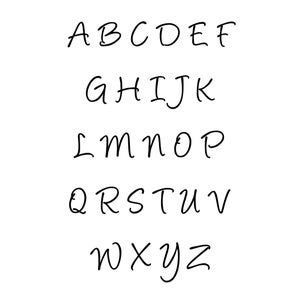 May include: A handwritten alphabet in black ink on a white background. The letters are written in a cursive style.