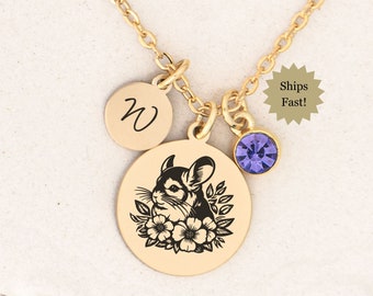 Chinchilla Necklace Gift for Animal Lover, Gold or Silver with Optional Birthstone, Pet Necklace, Spirit Animal Jewelry