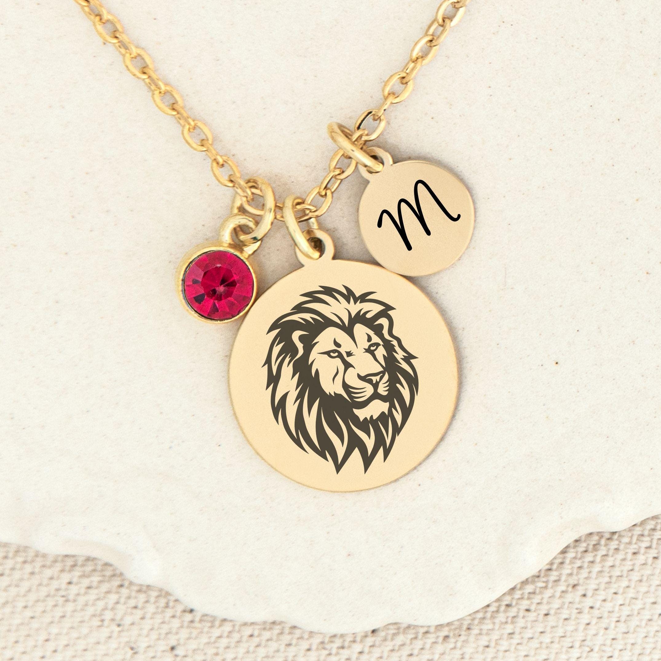 Lion Necklace, Gift for Animal Lover, Lion Pendant, Gold or Silver Initial and Birthstone Options, Wildlife Jewelry, Jungle Core