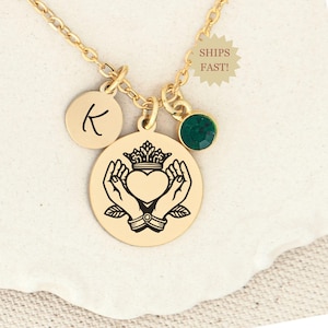 Claddagh Necklace Irish Pendant Gift for Daughter, Custom Necklace with Birthstone and Initial, Handmade  Jewelry, Love Friendship Loyalty
