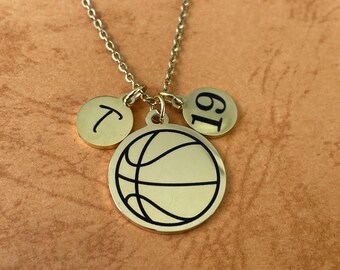 Basketball Necklace, Basketball Player Gift, Personalized Initial Number, Basketball Team Gift, Sports Jewelry, Basketball Coach Gift