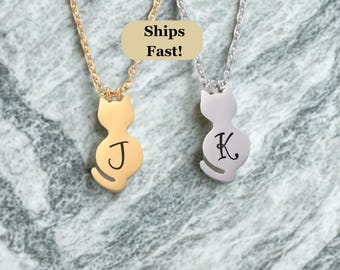 Personalized Cat Necklace, Engraved Gold or Silver Plate Cat Pendant Handmade, Pet Lover Gift,  Initial Necklace for Cat Mom