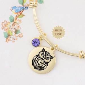 May include: Gold bangle bracelet with a purple crystal charm and a round charm with a black and white owl design.