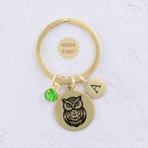 Owl Keychain, Custom Initial and Birthstone, Gift for Her,  Nature Jewelry, Cottage Core Key Ring, Owl Lover Gifts