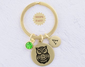 Owl Keychain, Custom Initial and Birthstone, Gift for Her,  Nature Jewelry, Cottage Core Key Ring, Owl Lover Gifts